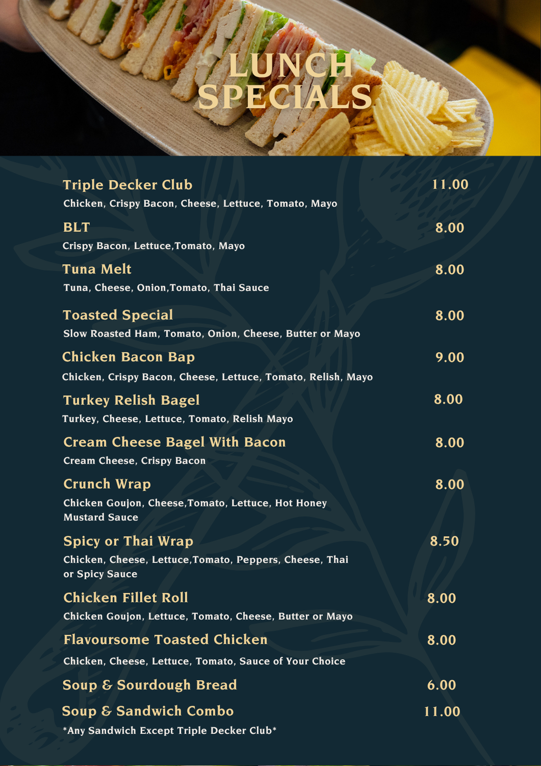 Lunch and specials, sandwiches, castle tea rooms, castle hotel