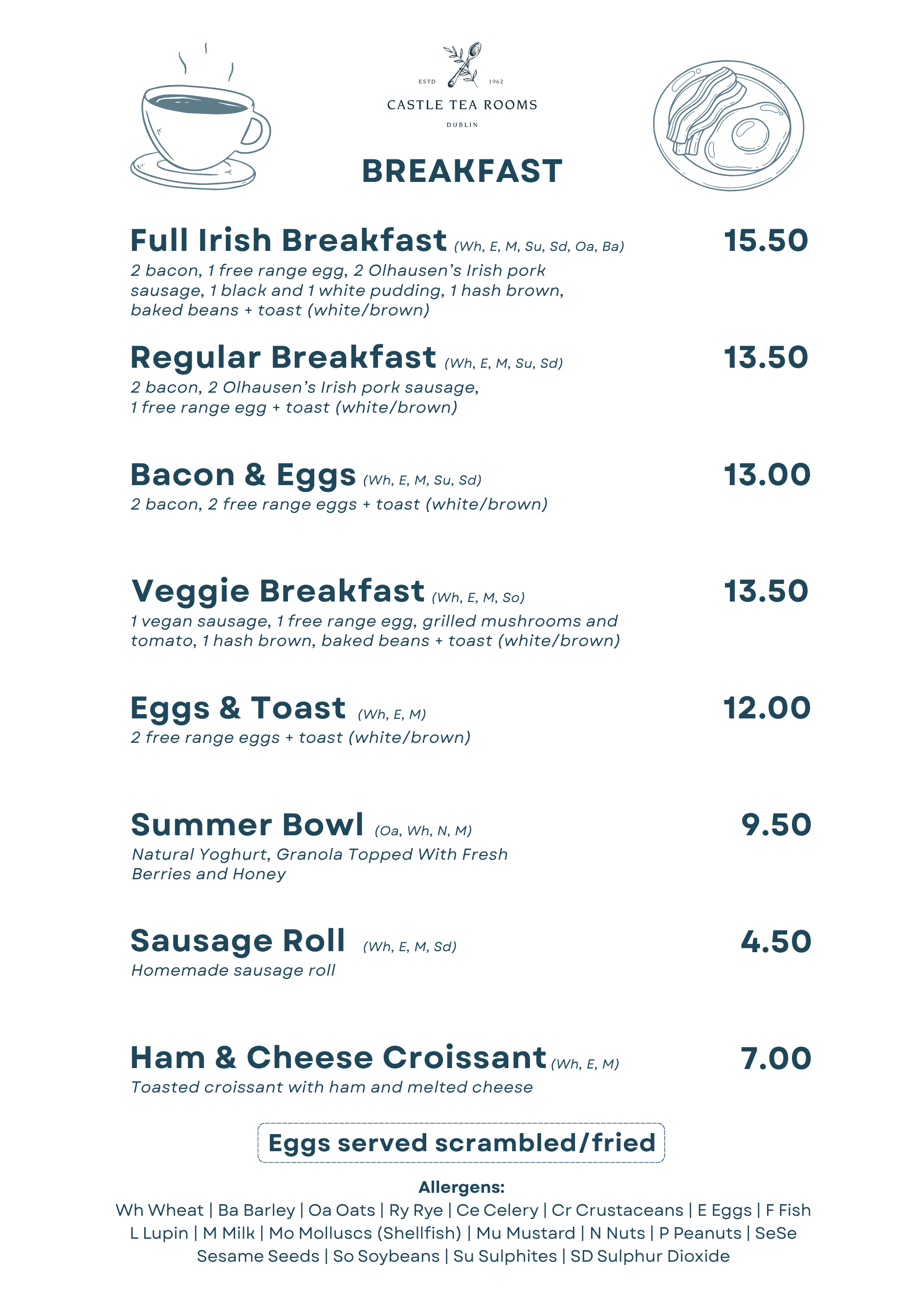 castle tea rooms menu, breakfast menu