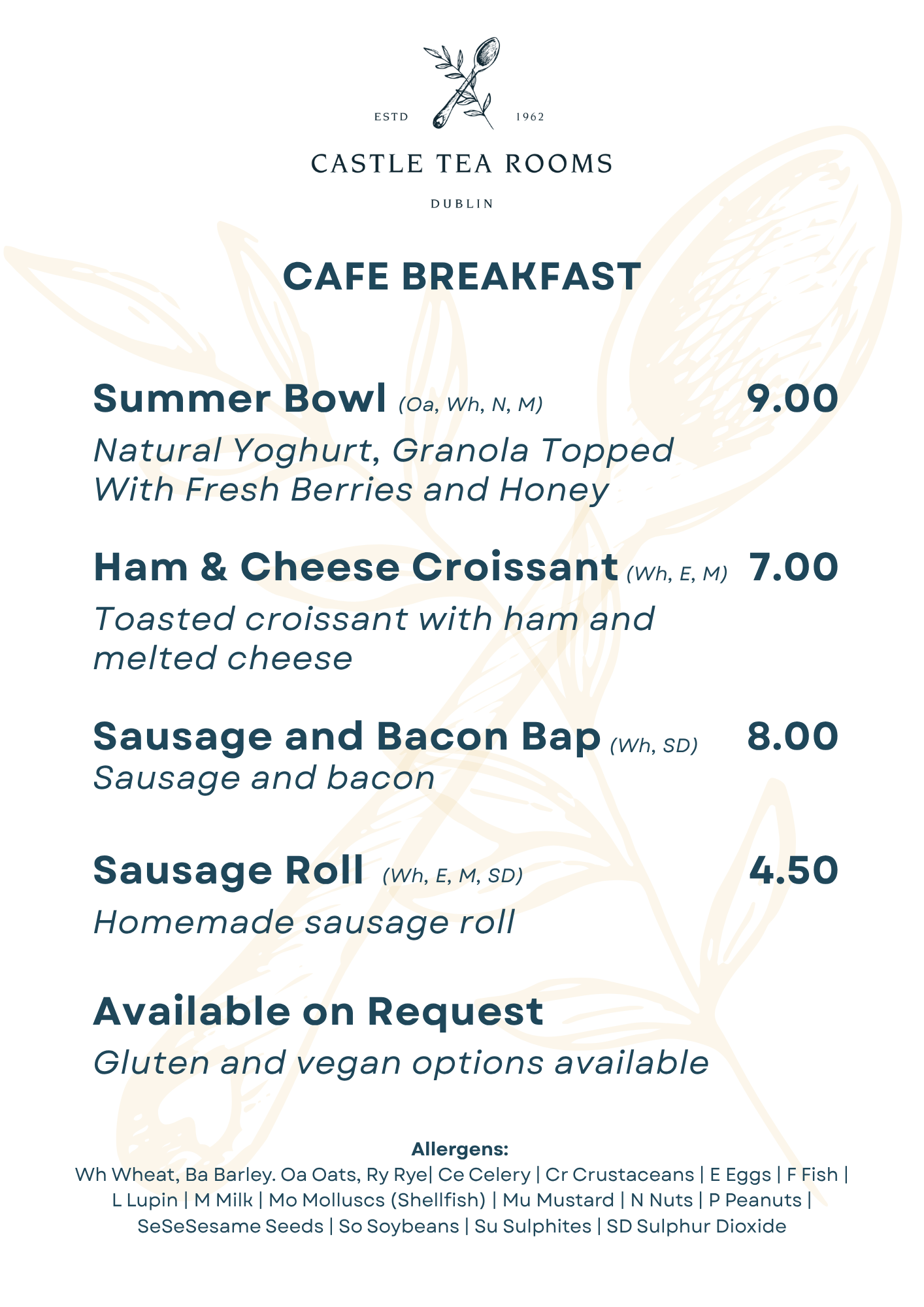 castle tea rooms menu, breakfast menu