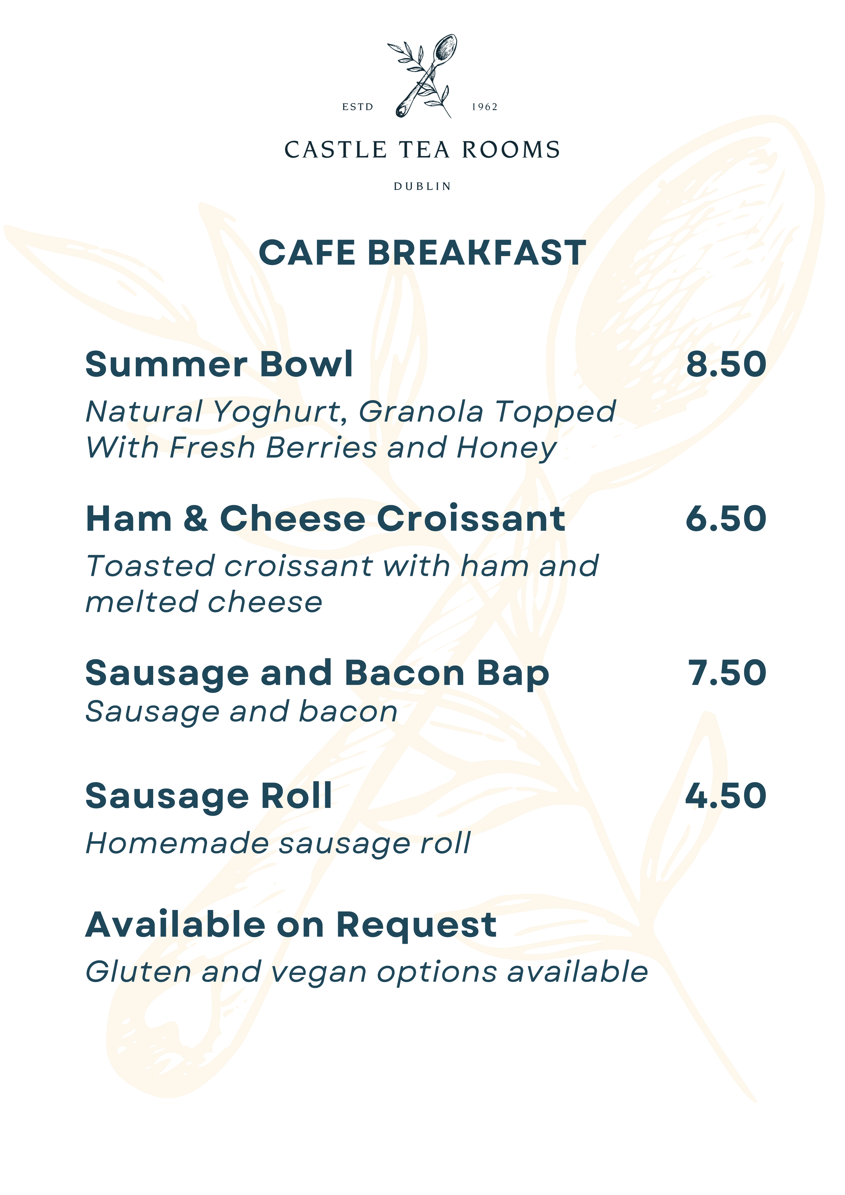 castle tea rooms menu, breakfast menu