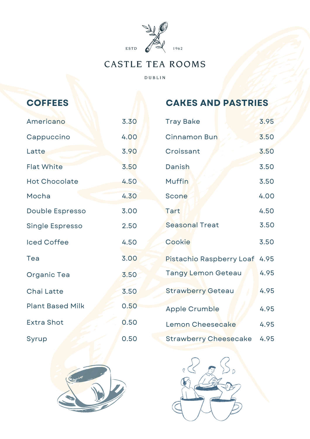 castle tea rooms, coffee menu, cakes