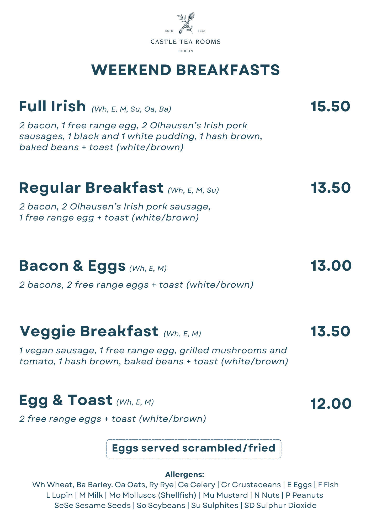 Castle Tea Rooms in Dublin, Weekend Breakfast Menu