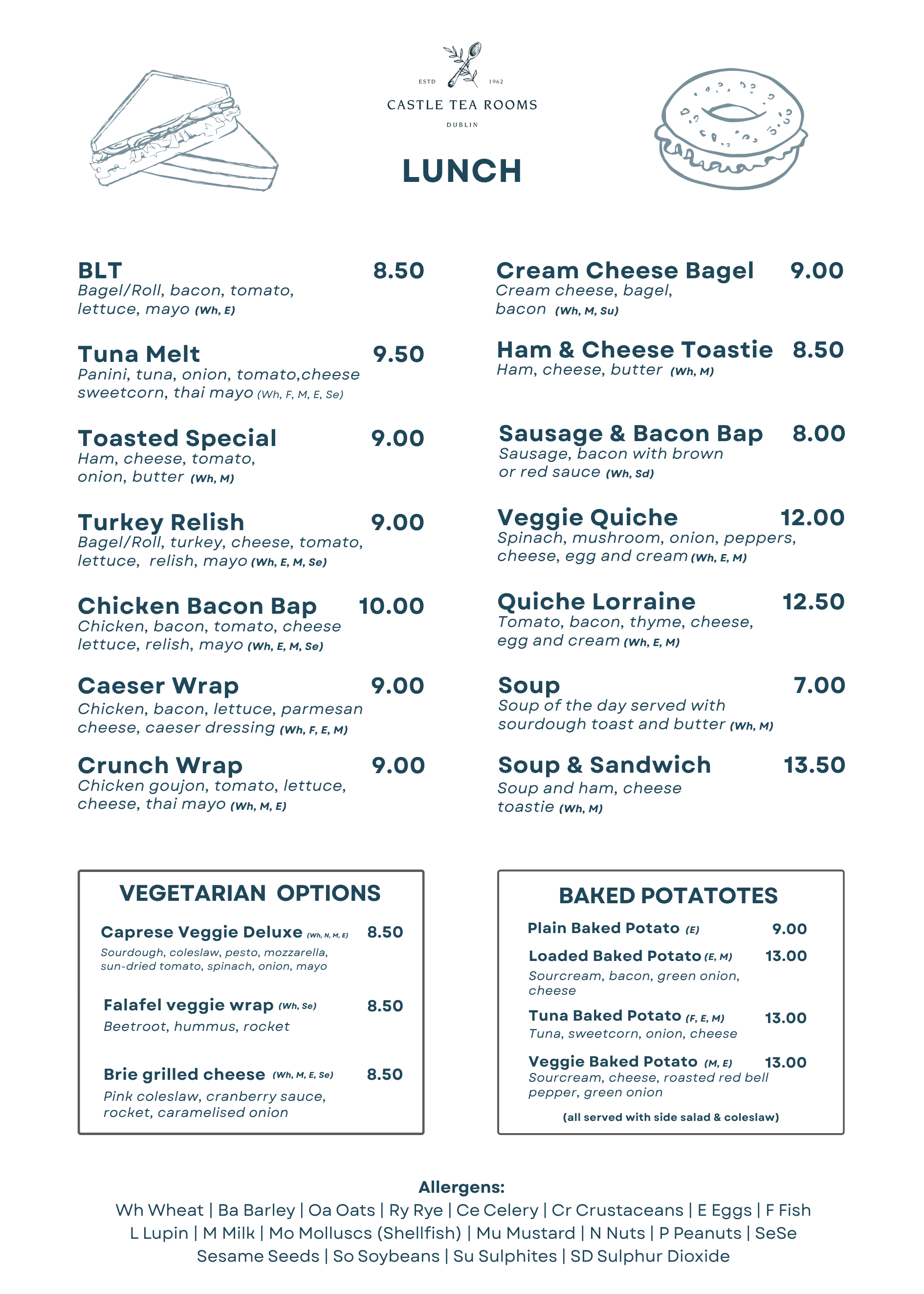 castle tea rooms menu, special menu, sandwich menu, lunch menu